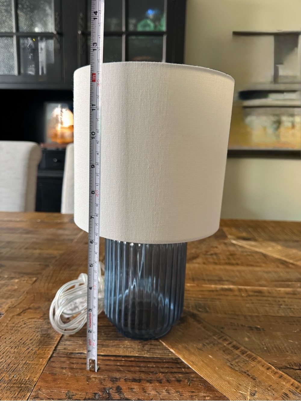 Blue Ribbed Mini Table Lamp w/Cream Shade - Picture 3 of 4